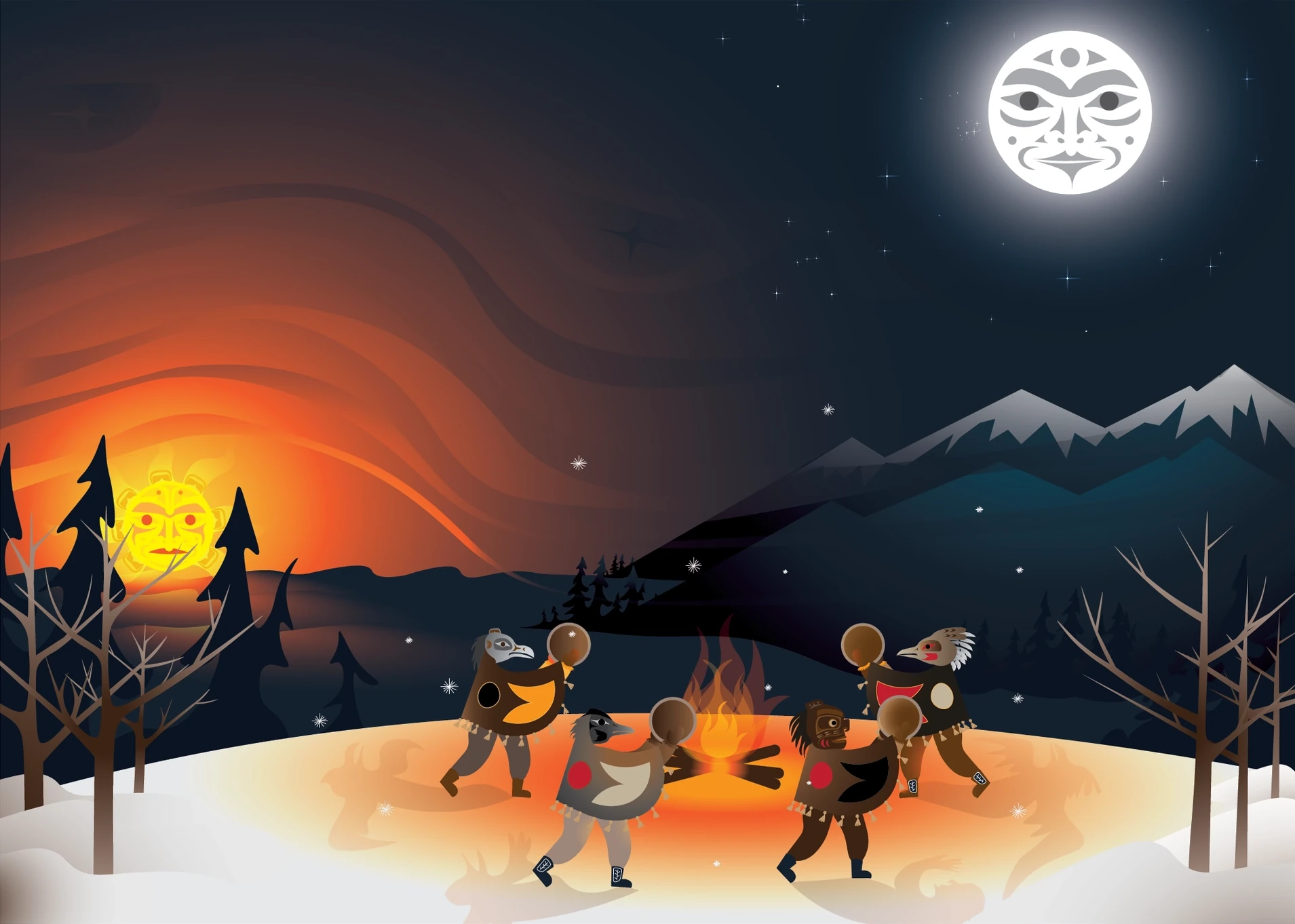 Illustration of dancers around a fire in the snow, with a glowing sunset on one side and a moon with a face above the mountains