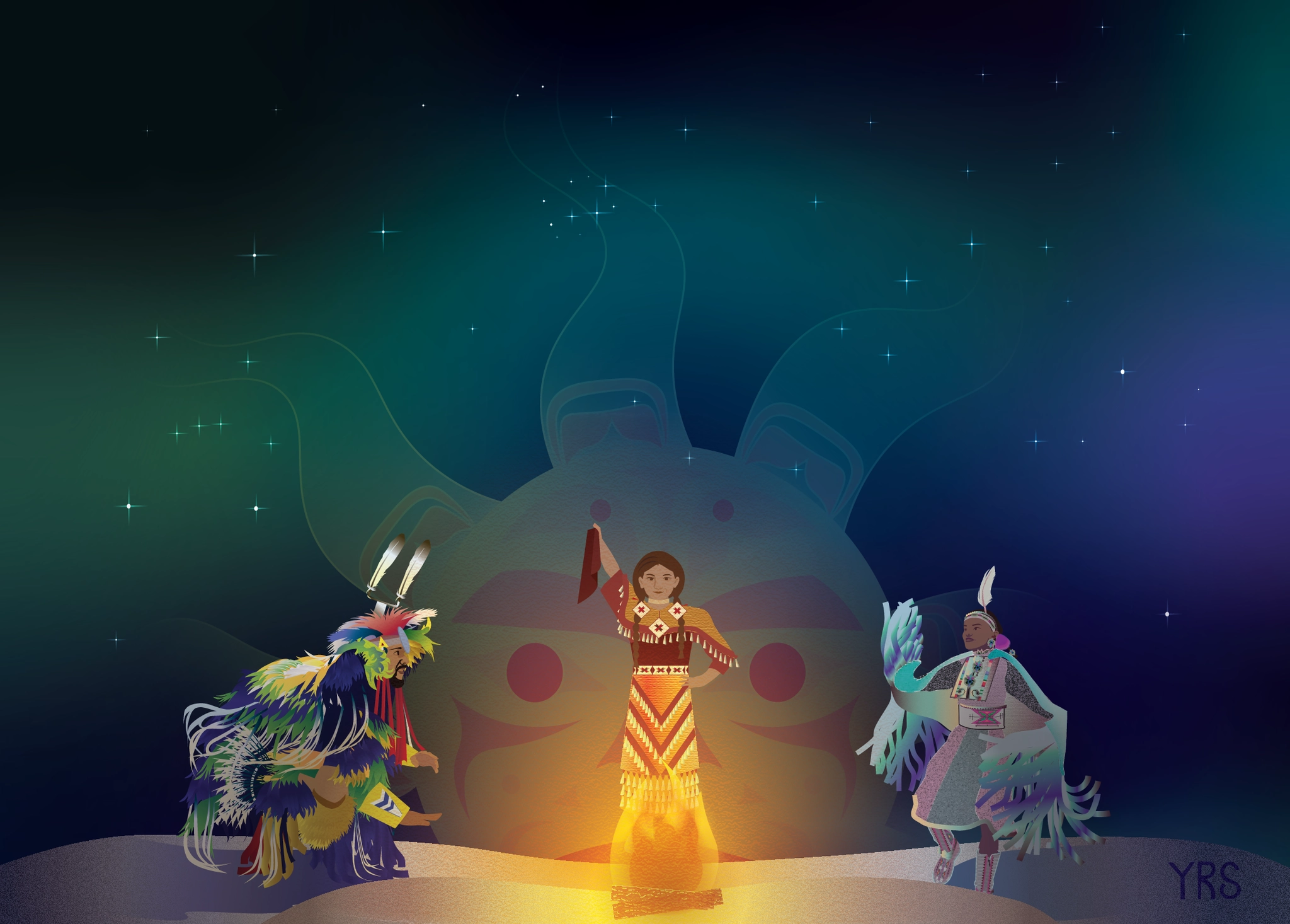 Illustration of three dancers in regalia around a fire under a starry night sky